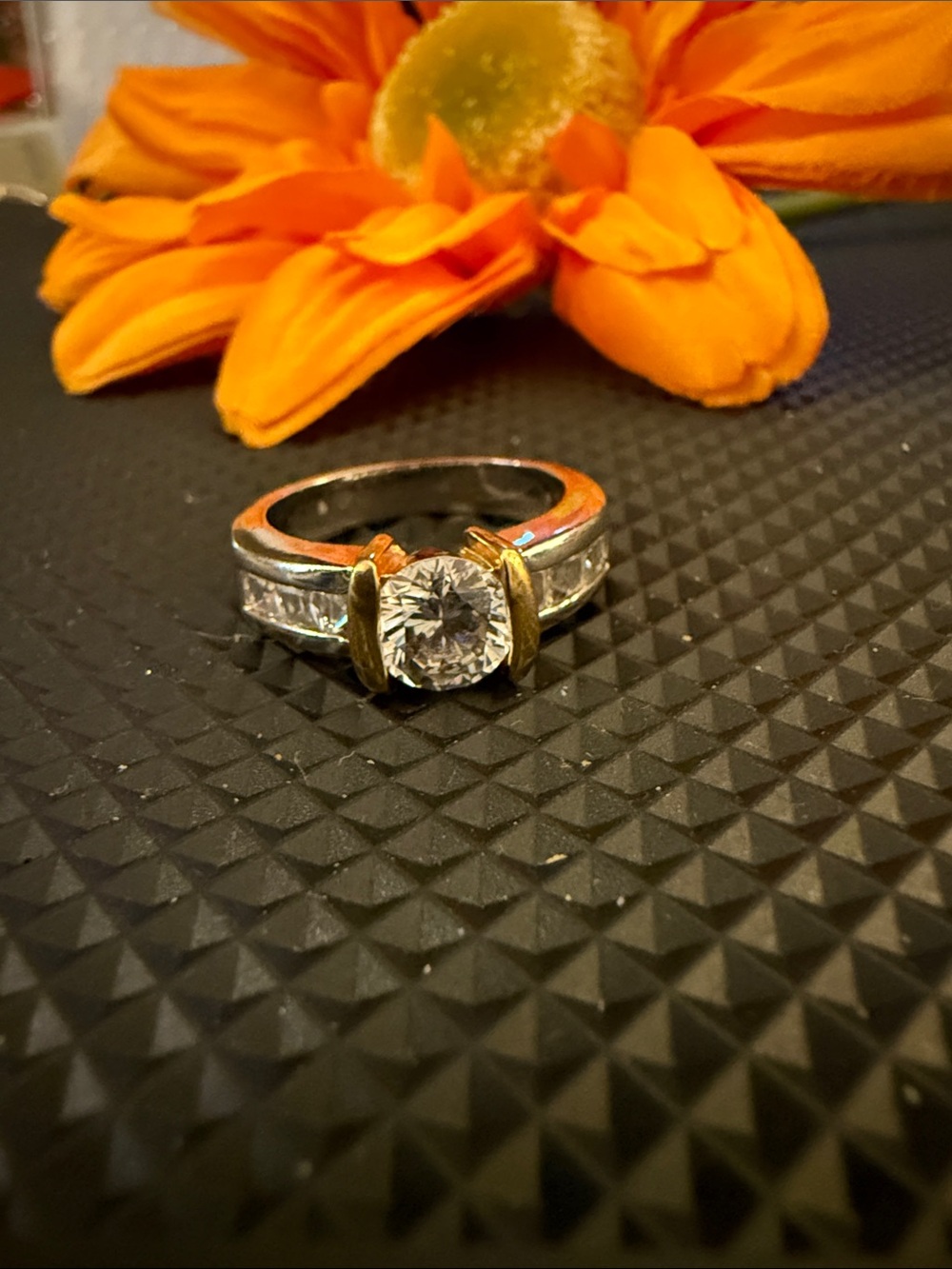 Two-Tone Gold and Silver Solitaire Ring with Side Stones - Orange Accent